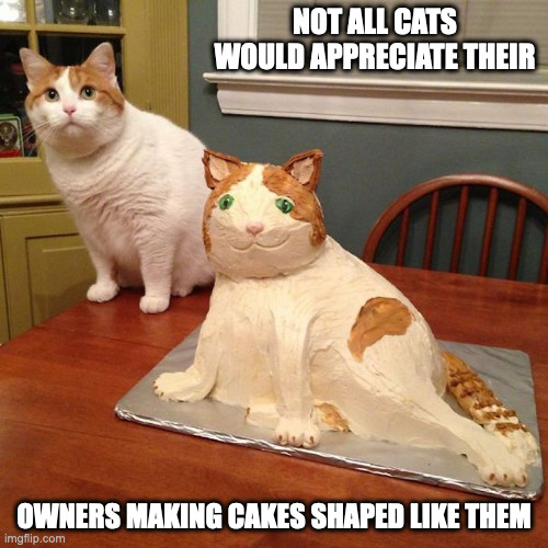 Cake Shaped at Pet Cat | NOT ALL CATS WOULD APPRECIATE THEIR; OWNERS MAKING CAKES SHAPED LIKE THEM | image tagged in cats,cake,food,memes | made w/ Imgflip meme maker