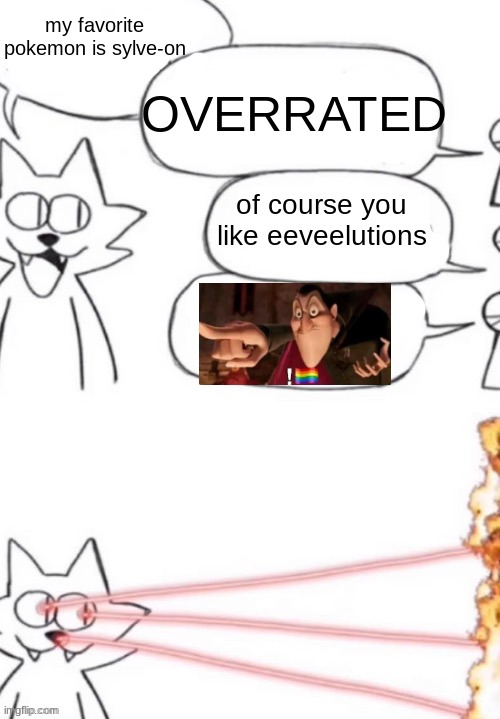 Eevee is overrated- Shut yo bitchass up | OVERRATED; my favorite pokemon is sylve-on; of course you like eeveelutions | image tagged in cat laser people | made w/ Imgflip meme maker