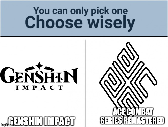 you can pick only one choose wisely | GENSHIN IMPACT; ACE COMBAT SERIES REMASTERED | image tagged in you can pick only one choose wisely,ace combat,project aces,genshin impact,vs,memes | made w/ Imgflip meme maker
