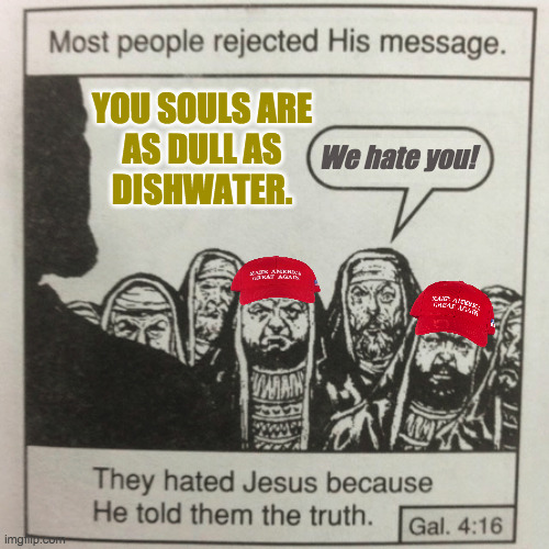 They hated jesus because he told them the truth | YOU SOULS ARE
AS DULL AS
DISHWATER. We hate you! | image tagged in they hated jesus because he told them the truth | made w/ Imgflip meme maker