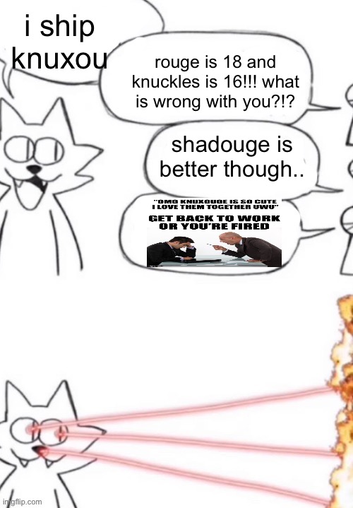 cat laser people | i ship knuxou; rouge is 18 and knuckles is 16!!! what is wrong with you?!? shadouge is better though.. | image tagged in cat laser people | made w/ Imgflip meme maker