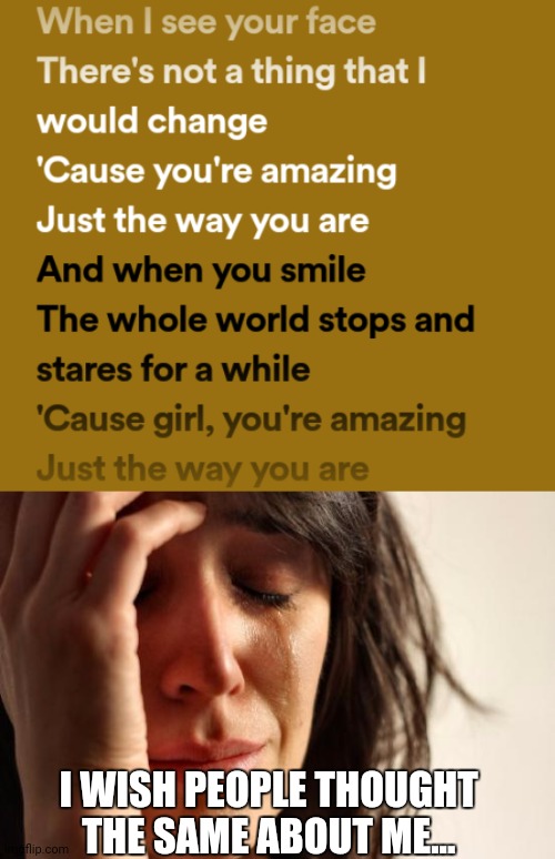 Why this song makes me cry is because I'm sad about myself | I WISH PEOPLE THOUGHT THE SAME ABOUT ME... | image tagged in memes,first world problems | made w/ Imgflip meme maker