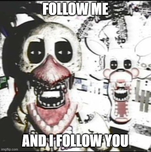 Withered chica and mangle ?️??️ | FOLLOW ME AND I FOLLOW YOU | image tagged in withered chica and mangle | made w/ Imgflip meme maker