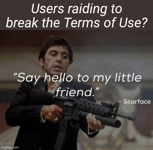 say hello to my little friend | Users raiding to break the Terms of Use? | image tagged in say hello to my little friend | made w/ Imgflip meme maker