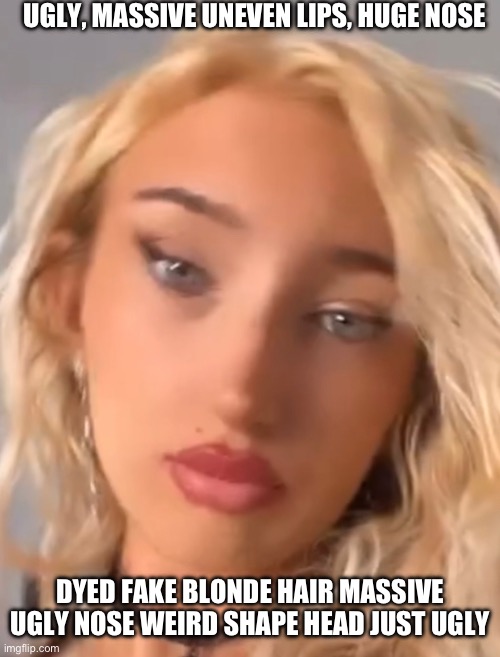 Fckdi0r ugliest French girl in France | UGLY, MASSIVE UNEVEN LIPS, HUGE NOSE; DYED FAKE BLONDE HAIR MASSIVE UGLY NOSE WEIRD SHAPE HEAD JUST UGLY | image tagged in ugly,france,french,ugly girl,nose,dumb blonde | made w/ Imgflip meme maker