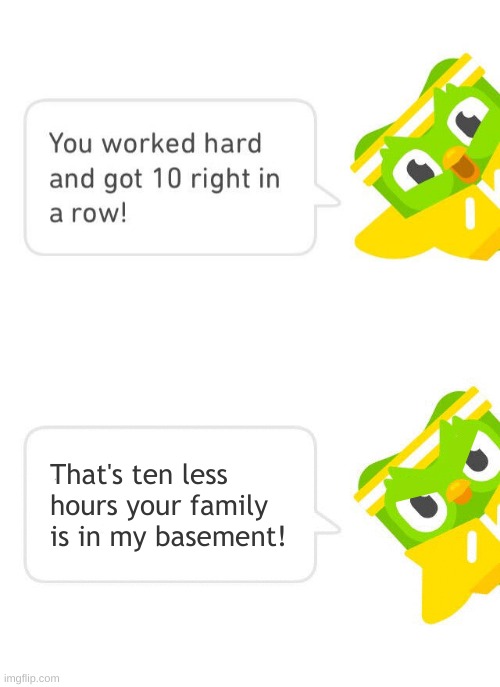 you better do dem dam lessons. | That's ten less hours your family is in my basement! | image tagged in duolingo 10 in a row,duolingo,memes | made w/ Imgflip meme maker