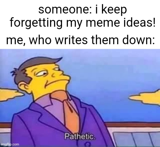 skinner pathetic | someone: i keep forgetting my meme ideas! me, who writes them down: | image tagged in skinner pathetic | made w/ Imgflip meme maker