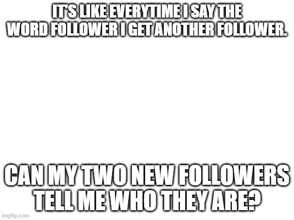 IT'S LIKE EVERYTIME I SAY THE WORD FOLLOWER I GET ANOTHER FOLLOWER. CAN MY TWO NEW FOLLOWERS TELL ME WHO THEY ARE? | made w/ Imgflip meme maker
