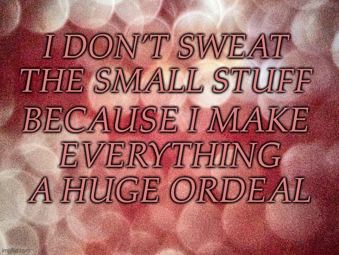 Work Humor | I DON’T SWEAT THE SMALL STUFF; BECAUSE I MAKE 
EVERYTHING A HUGE ORDEAL | image tagged in sarcasm | made w/ Imgflip meme maker