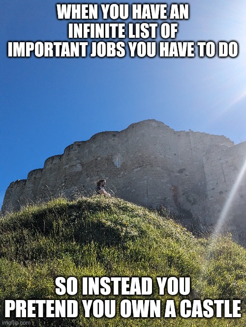 Castle | WHEN YOU HAVE AN INFINITE LIST OF IMPORTANT JOBS YOU HAVE TO DO; SO INSTEAD YOU PRETEND YOU OWN A CASTLE | image tagged in castle,imagine | made w/ Imgflip meme maker
