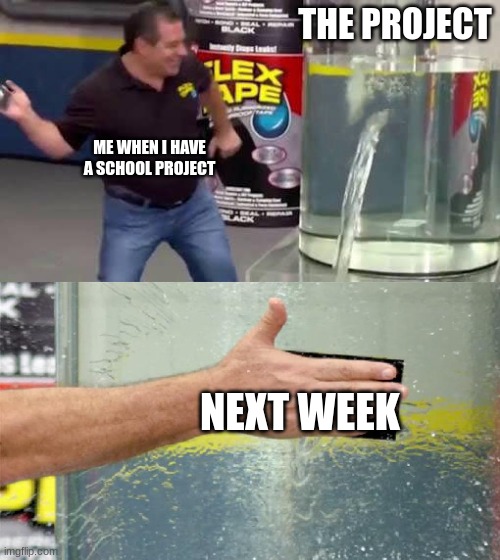 Flex Tape | THE PROJECT; ME WHEN I HAVE A SCHOOL PROJECT; NEXT WEEK | image tagged in flex tape | made w/ Imgflip meme maker