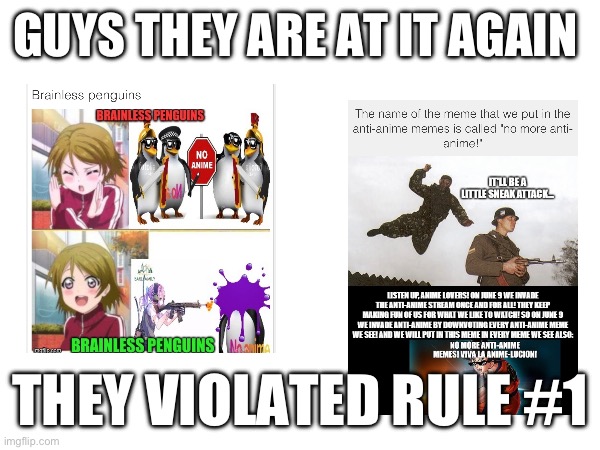 What an outrage? Should we attack? | GUYS THEY ARE AT IT AGAIN; THEY VIOLATED RULE #1 | image tagged in anti anime | made w/ Imgflip meme maker