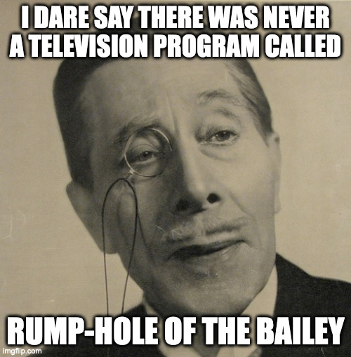 Old British Guy | I DARE SAY THERE WAS NEVER A TELEVISION PROGRAM CALLED; RUMP-HOLE OF THE BAILEY | image tagged in old british guy | made w/ Imgflip meme maker