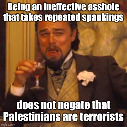 Laughing Leo Meme | Being an ineffective asshole that takes repeated spankings does not negate that Palestinians are terrorists | image tagged in memes,laughing leo | made w/ Imgflip meme maker