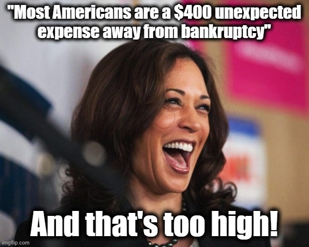 Too high, just like "The Diversity Hyena" | "Most Americans are a $400 unexpected
expense away from bankruptcy"; And that's too high! | image tagged in cackling kamala harris,memes,joe biden,bidenomics,bankruptcy,democrats | made w/ Imgflip meme maker