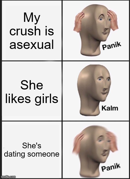 T.T | My crush is asexual; She likes girls; She's dating someone | image tagged in memes,panik kalm panik,asexual,lgbtq,lesbian,friendzone | made w/ Imgflip meme maker
