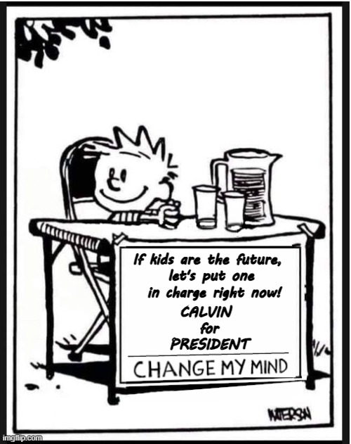 CALVIN for President | If kids are the future, 
let's put one
 in charge right now! CALVIN
 for
 PRESIDENT | image tagged in calvin and hobbes,president,future,kids,children are the future | made w/ Imgflip meme maker