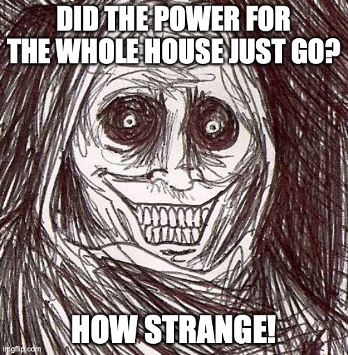 Unwanted House Guest | DID THE POWER FOR THE WHOLE HOUSE JUST GO? HOW STRANGE! | image tagged in memes,unwanted house guest | made w/ Imgflip meme maker