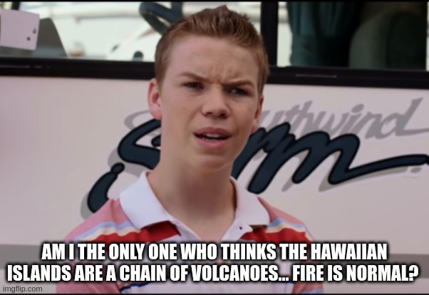 Falling for their bs again | AM I THE ONLY ONE WHO THINKS THE HAWAIIAN ISLANDS ARE A CHAIN OF VOLCANOES... FIRE IS NORMAL? | image tagged in you guys are getting paid | made w/ Imgflip meme maker