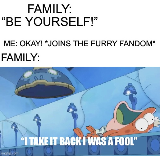 Be yourself they said | FAMILY: “BE YOURSELF!”; ME: OKAY! *JOINS THE FURRY FANDOM*; FAMILY: | image tagged in i take it back i was a fool,furry,anti furry,family,memes,kms | made w/ Imgflip meme maker