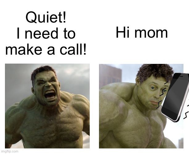 Hulk angry then realizes he's wrong | Hi mom; Quiet! I need to make a call! | image tagged in hulk angry then realizes he's wrong | made w/ Imgflip meme maker