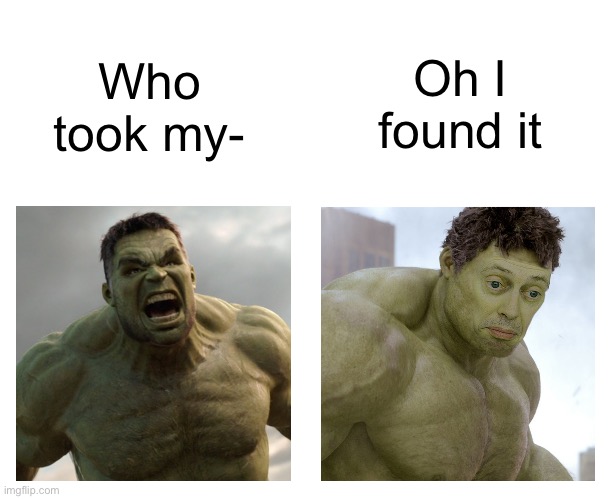 Hulk angry then realizes he's wrong | Oh I found it; Who took my- | image tagged in hulk angry then realizes he's wrong | made w/ Imgflip meme maker