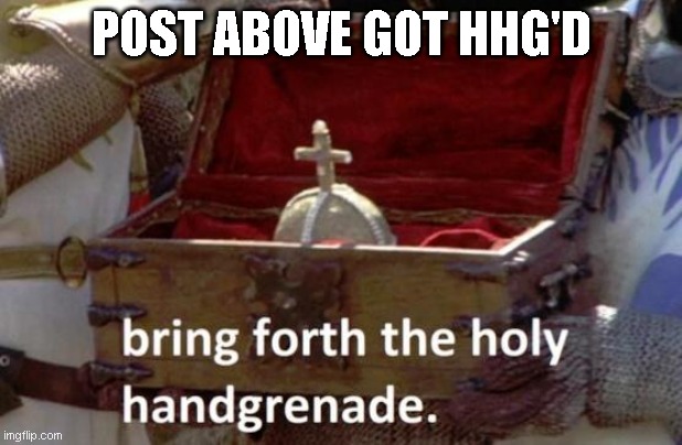 Bring forth the holy hand grenade | POST ABOVE GOT HHG'D | image tagged in bring forth the holy hand grenade | made w/ Imgflip meme maker