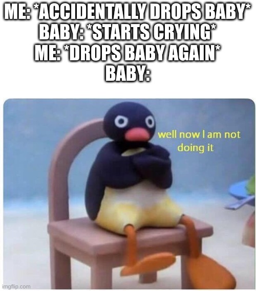 IDK What To Name This :/ | ME: *ACCIDENTALLY DROPS BABY*
BABY: *STARTS CRYING*
ME: *DROPS BABY AGAIN*
BABY: | image tagged in well now i'm not doing it | made w/ Imgflip meme maker