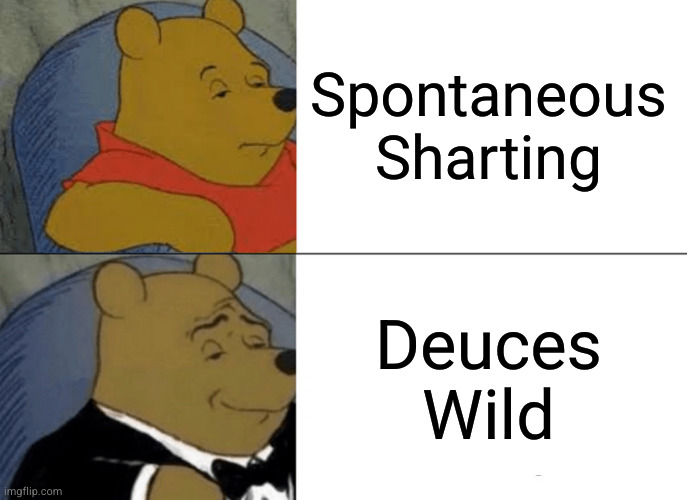 First in a series | Spontaneous Sharting; Deuces Wild | image tagged in memes,tuxedo winnie the pooh | made w/ Imgflip meme maker