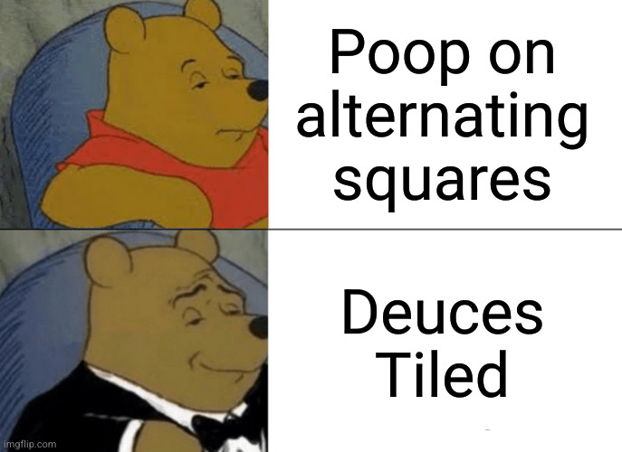4th in a series | Poop on
alternating
squares; Deuces Tiled | image tagged in memes,tuxedo winnie the pooh | made w/ Imgflip meme maker