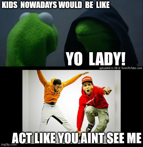 KIDS  NOWADAYS WOULD  BE  LIKE YO  LADY! ACT LIKE YOU AINT SEE ME | image tagged in memes,evil kermit | made w/ Imgflip meme maker