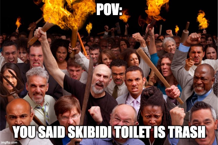 kids when you disrespect skibidi toilet: | POV:; YOU SAID SKIBIDI TOILET IS TRASH | image tagged in pitchforks torches rolling pin angry crowd | made w/ Imgflip meme maker