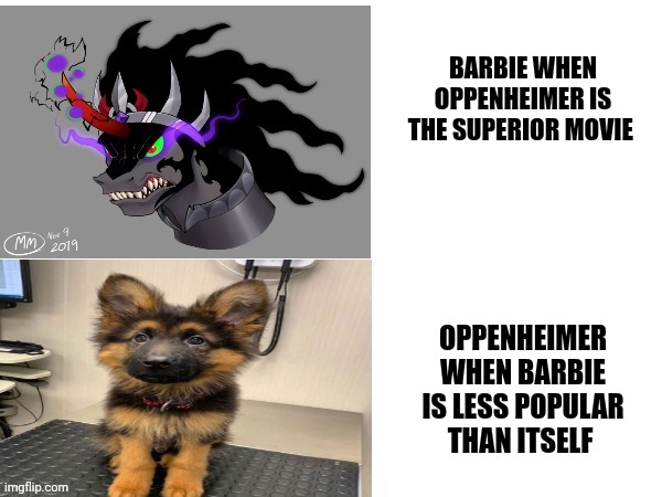 Barbie is furious | BARBIE WHEN OPPENHEIMER IS THE SUPERIOR MOVIE; OPPENHEIMER WHEN BARBIE IS LESS POPULAR THAN ITSELF | image tagged in memes,barbie,barbie vs oppenheimer,barbenheimer,oppenheimer | made w/ Imgflip meme maker