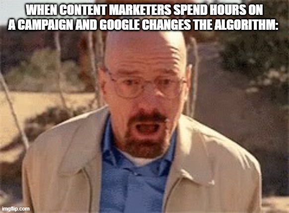 Walter White | WHEN CONTENT MARKETERS SPEND HOURS ON A CAMPAIGN AND GOOGLE CHANGES THE ALGORITHM: | image tagged in walter white | made w/ Imgflip meme maker