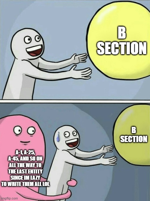 pain of any rooms low detailed player | B SECTION; B SECTION; A-1, A-25, A-45, AND SO ON ALL THE WAY TO THE LAST ENTITY SINCE IM LAZY TO WRITE THEM ALL LOL | image tagged in memes,running away balloon | made w/ Imgflip meme maker