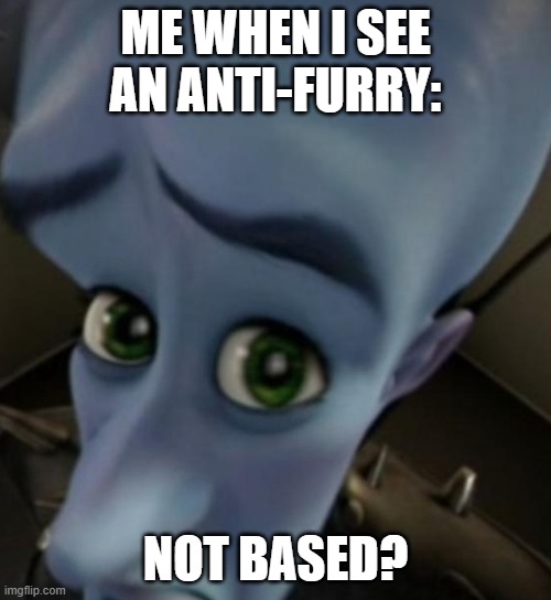 Not Based? | ME WHEN I SEE AN ANTI-FURRY:; NOT BASED? | image tagged in megamind no bitches,furry,anti furry,based | made w/ Imgflip meme maker