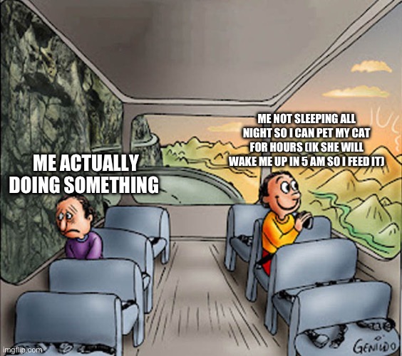 Two guys on a bus | ME NOT SLEEPING ALL NIGHT SO I CAN PET MY CAT FOR HOURS (IK SHE WILL WAKE ME UP IN 5 AM SO I FEED IT); ME ACTUALLY DOING SOMETHING | image tagged in two guys on a bus | made w/ Imgflip meme maker