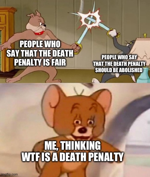 I know what it is but most people don’t | PEOPLE WHO SAY THAT THE DEATH PENALTY IS FAIR; PEOPLE WHO SAY THAT THE DEATH PENALTY SHOULD BE ABOLISHED; ME, THINKING WTF IS A DEATH PENALTY | image tagged in tom and jerry swordfight | made w/ Imgflip meme maker