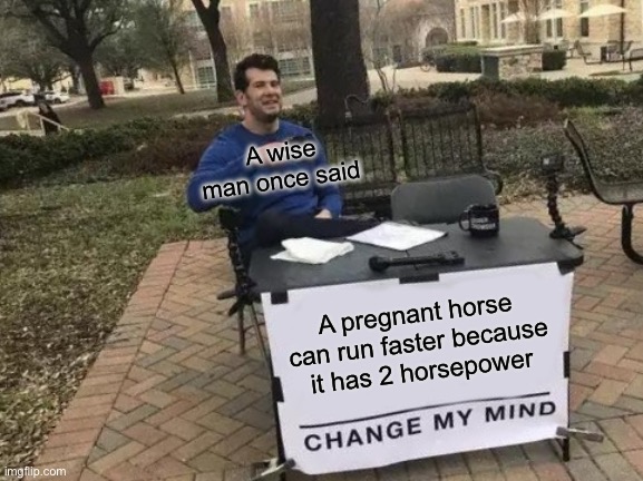 Change My Mind | A wise man once said; A pregnant horse can run faster because it has 2 horsepower | image tagged in memes,change my mind | made w/ Imgflip meme maker