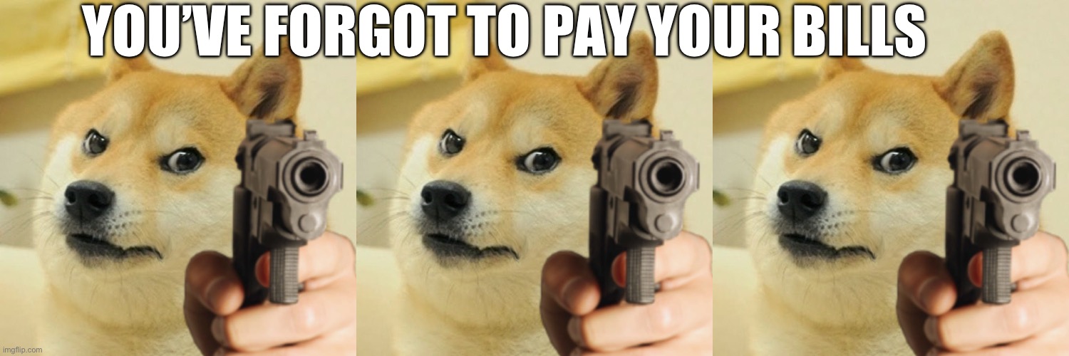 YOU’VE FORGOT TO PAY YOUR BILLS | image tagged in doge holding a gun | made w/ Imgflip meme maker