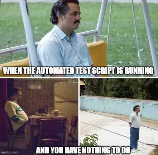 Sad Pablo Escobar Meme | WHEN THE AUTOMATED TEST SCRIPT IS RUNNING; AND YOU HAVE NOTHING TO DO | image tagged in memes,sad pablo escobar | made w/ Imgflip meme maker