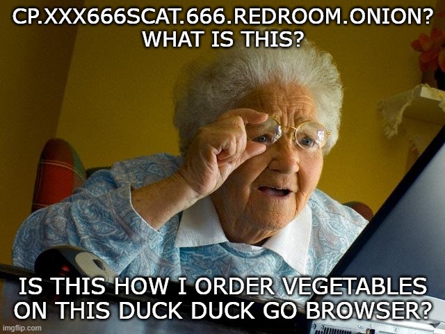 Clueless Boomer | CP.XXX666SCAT.666.REDROOM.ONION? WHAT IS THIS? IS THIS HOW I ORDER VEGETABLES ON THIS DUCK DUCK GO BROWSER? | image tagged in memes,grandma finds the internet | made w/ Imgflip meme maker