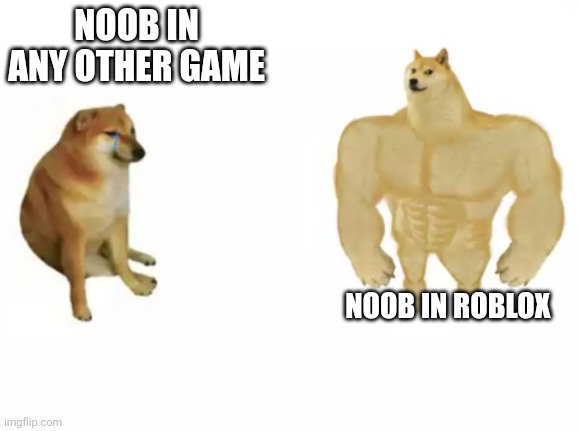 The N O O B | NOOB IN ANY OTHER GAME; NOOB IN ROBLOX | image tagged in buff doge vs cheems reversed,roblox noob,roblox meme,funny,memes | made w/ Imgflip meme maker