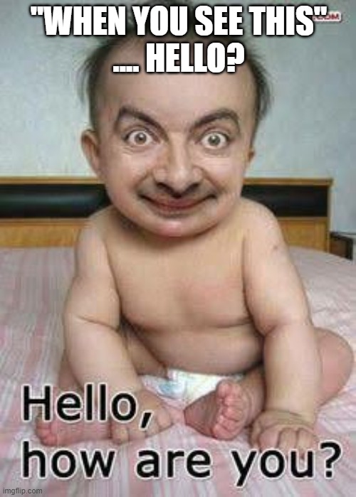 A BABY NOT BABY? | "WHEN YOU SEE THIS"
.... HELLO? | image tagged in memes,meme,baby,mrbean | made w/ Imgflip meme maker