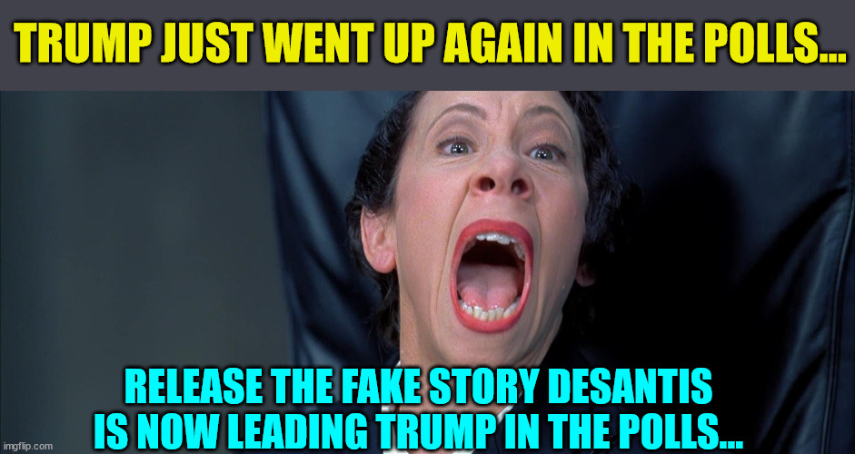 Frau Farbissina | TRUMP JUST WENT UP AGAIN IN THE POLLS... RELEASE THE FAKE STORY DESANTIS IS NOW LEADING TRUMP IN THE POLLS... | image tagged in frau farbissina | made w/ Imgflip meme maker