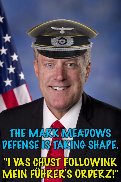 The Mark Meadows excuse | THE MARK MEADOWS DEFENSE IS TAKING SHAPE. "I VAS CHUST FOLLOWINK MEIN FÜHRER'S ORDERZ!" | image tagged in mark meadows | made w/ Imgflip meme maker