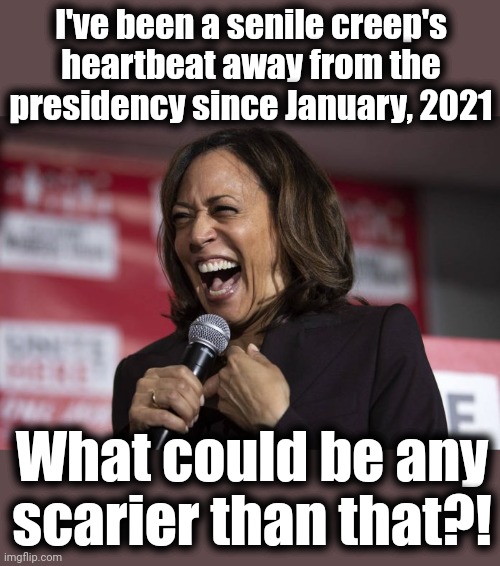 Kamala laughing | I've been a senile creep's heartbeat away from the presidency since January, 2021 What could be any
scarier than that?! | image tagged in kamala laughing | made w/ Imgflip meme maker