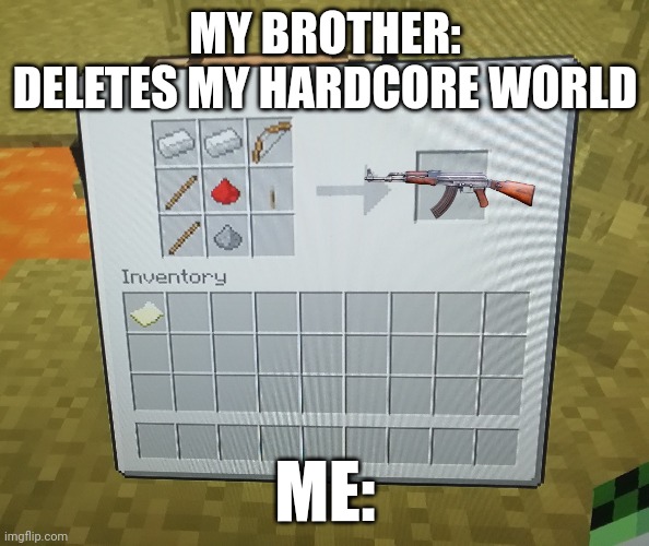 MY BROTHER: DELETES MY HARDCORE WORLD; ME: | made w/ Imgflip meme maker