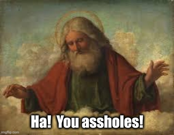 god | Ha!  You assholes! | image tagged in god | made w/ Imgflip meme maker