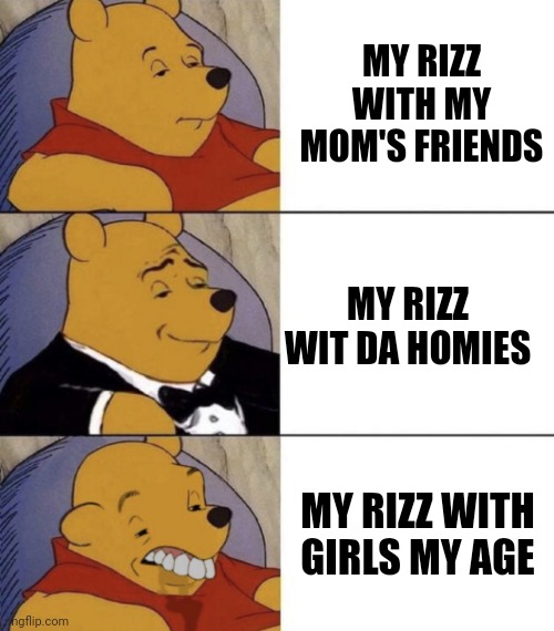 I'm not Rizztopher Columbus | MY RIZZ WITH MY MOM'S FRIENDS; MY RIZZ WIT DA HOMIES; MY RIZZ WITH GIRLS MY AGE | image tagged in whinnie the poo normal fancy gross | made w/ Imgflip meme maker